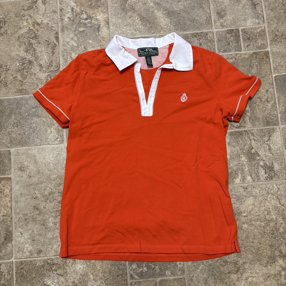 Lauren Ralph Lauren L-RL Active Polo Shirt Large Orange Contract Trim Cotton